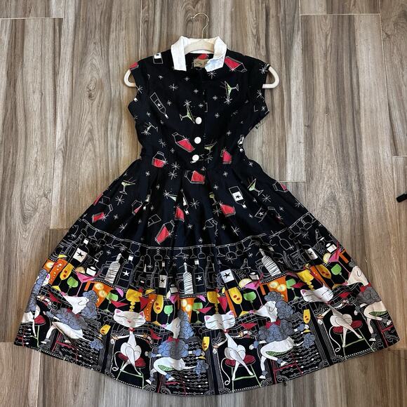 Lindy Bop Dress 4 Black Cat Dog Cocktail Bar Print Flared Twee Retro 50’s - Picture 2 of 10